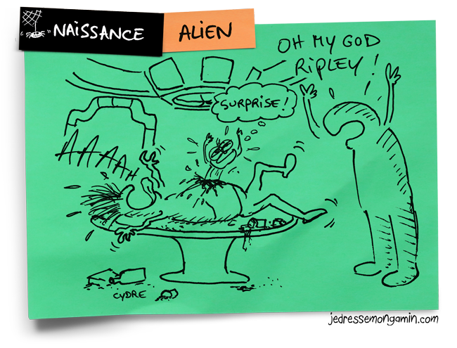 "Halloween Post-It Naissance - Alien" - Son arrivée est violente et parfois inattendue ! / Cydre - jedressemongamin.com