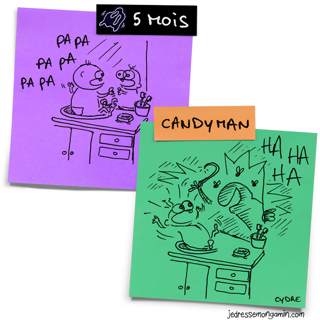 "Halloween Post-It 5 Mois - Candyman" - Il émet ses premières vocalises devant le miroir de la salle de bain... / Cydre - jedressemongamin.com